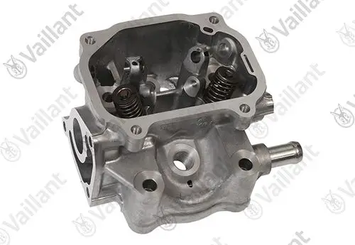 Vaillant Zylinderkopf mit innenliegenden Ventilen und Federmechanismus, aus Aluminium gefertigt, zur Verwendung in bestimmten Heizgeräten.